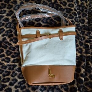 Faux Leather-Trim Canvas Bucket Tote Bag in Cream and Tan